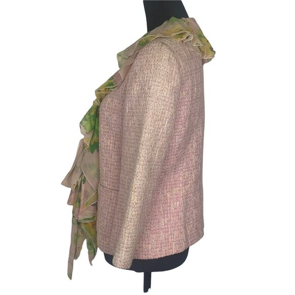Tweed Blazer LEA ROME Women Size M/L Pink Ruffle Front Feminine Elegant Stylish - Picture 3 of 10
